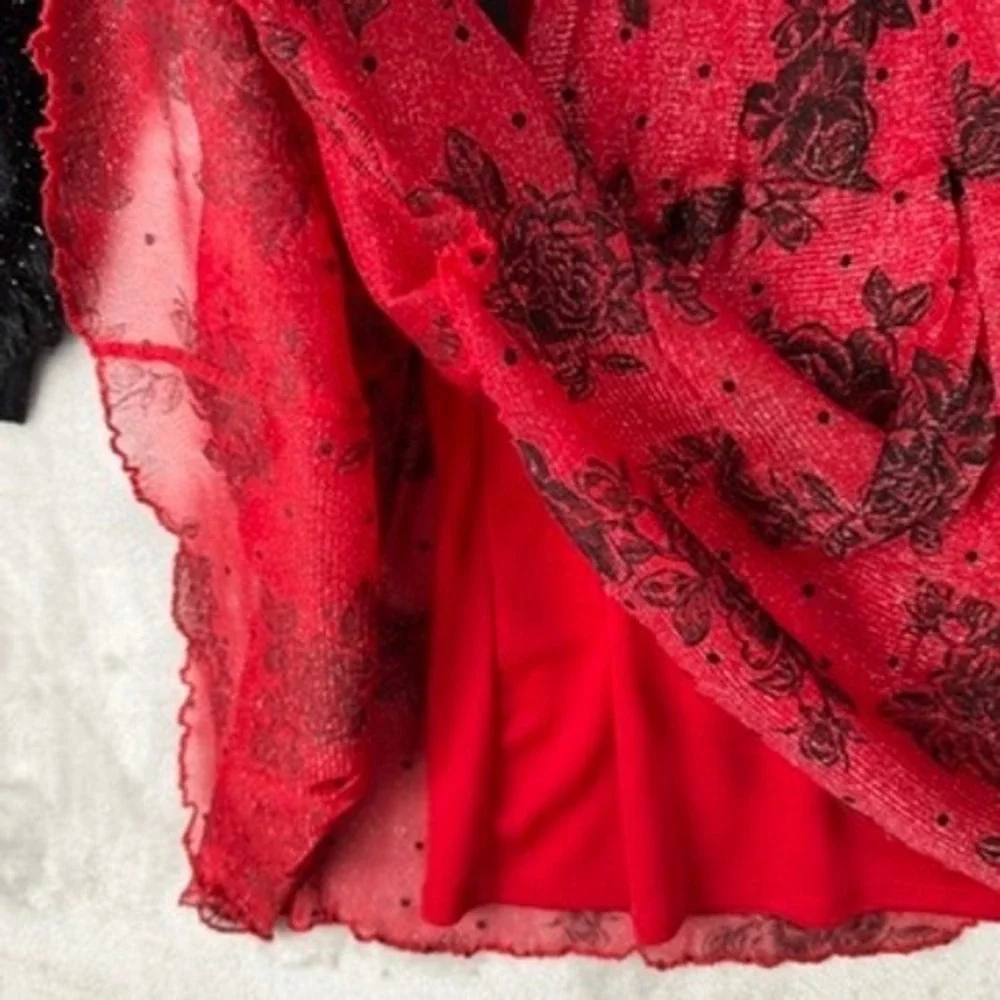 Girls Red Black Rose Print‎ Mesh Tiered Dress Fuzzy Jacket Set 16